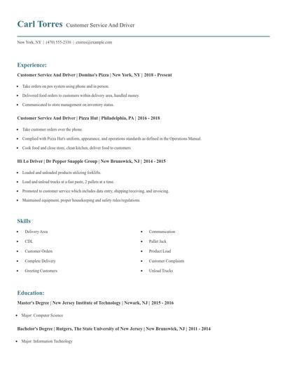 Customer Service And Driver Resume