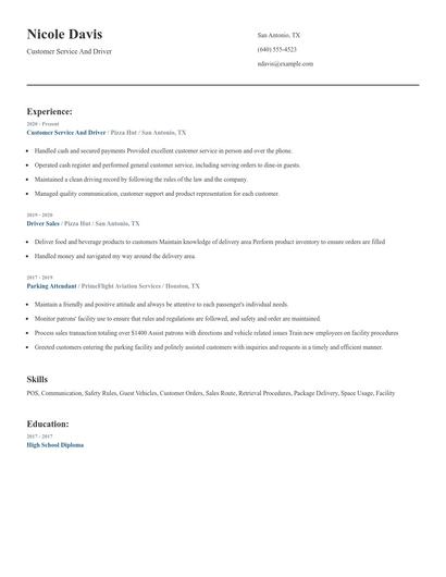 Customer Service And Driver Resume