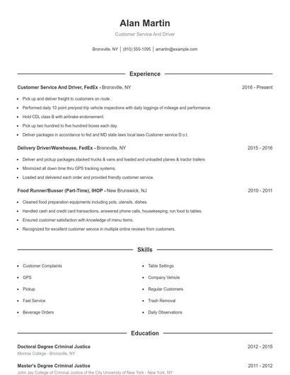 Customer Service And Driver Resume