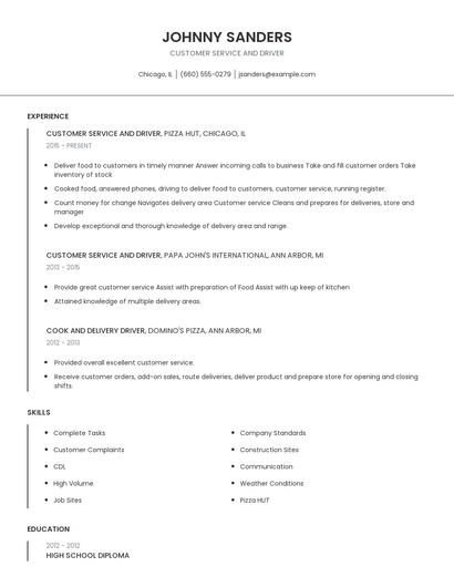 Customer Service And Driver Resume