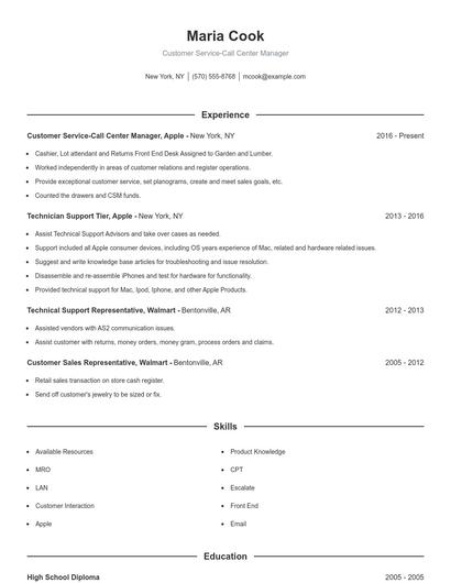 Customer Service-Call Center Manager Resume