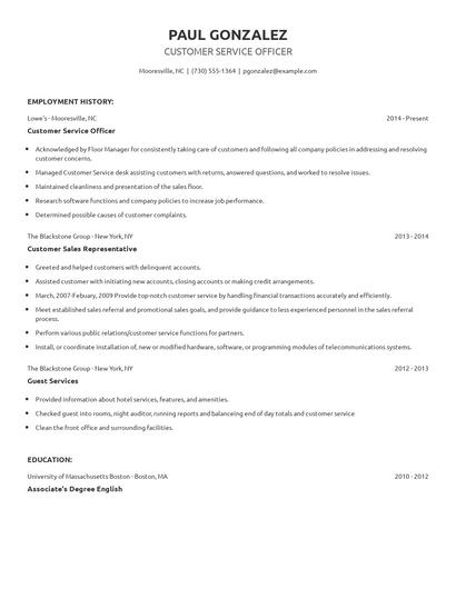 Customer Service Officer Resume