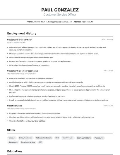 Customer Service Officer Resume