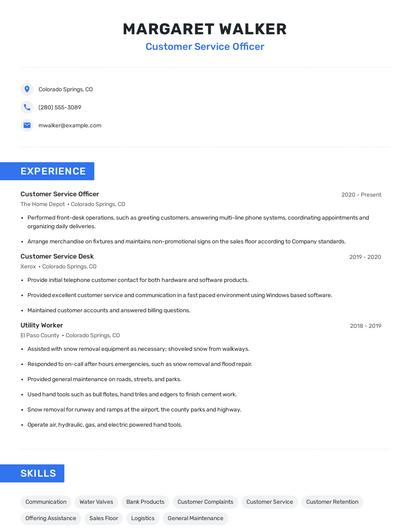 Customer Service Officer Resume