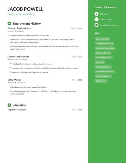 Customer Service Officer Resume