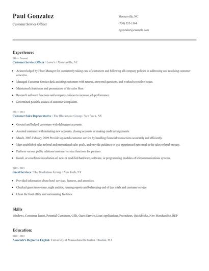 Customer Service Officer Resume