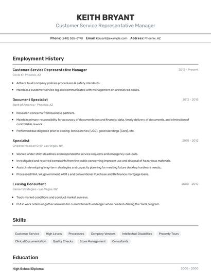 Customer Service Representative Manager Resume