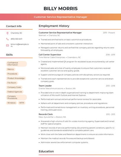 Customer Service Representative Manager Resume