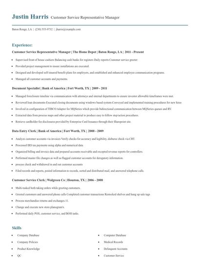 Customer Service Representative Manager Resume
