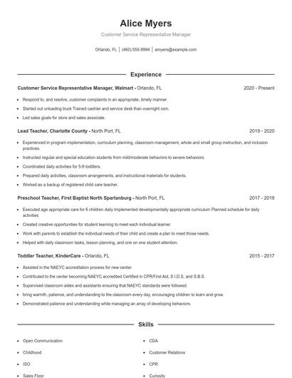 Customer Service Representative Manager Resume