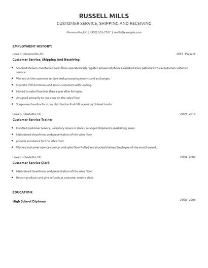 Customer Service, Shipping And Receiving Resume