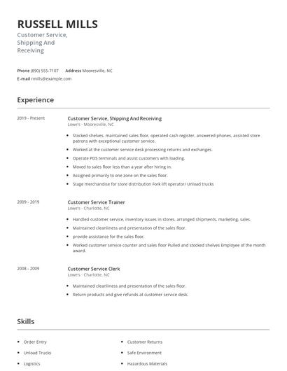 Customer Service, Shipping And Receiving Resume