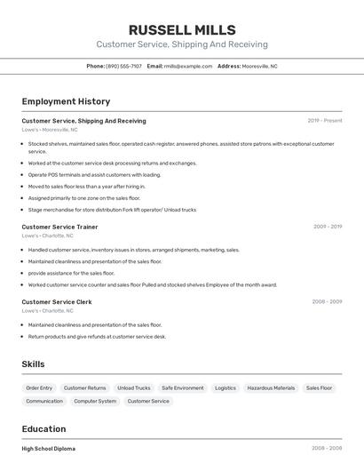 Customer Service, Shipping And Receiving Resume