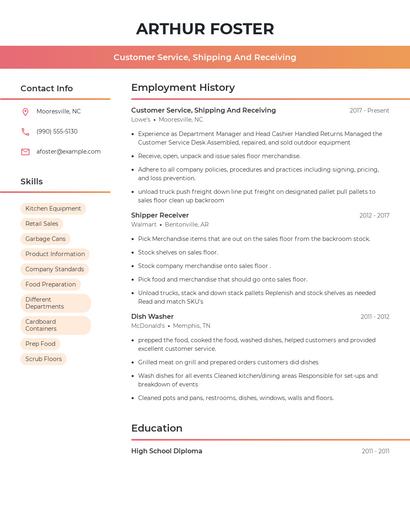 Customer Service, Shipping And Receiving Resume