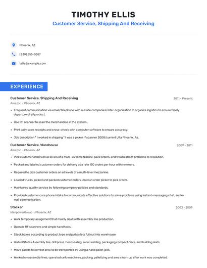 Customer Service, Shipping And Receiving Resume