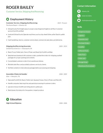 Customer Service, Shipping And Receiving Resume
