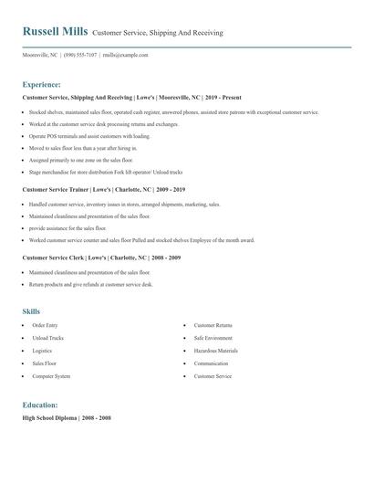 Customer Service, Shipping And Receiving Resume
