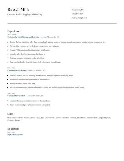 Customer Service, Shipping And Receiving Resume