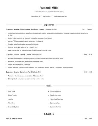 Customer Service, Shipping And Receiving Resume