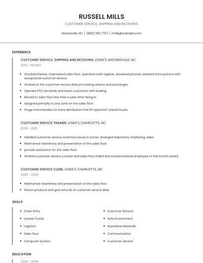 Customer Service, Shipping And Receiving Resume