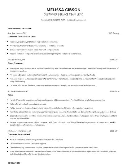 Customer Service Team Lead Resume