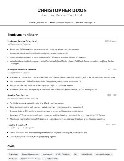 Customer Service Team Lead Resume
