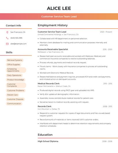Customer Service Team Lead Resume