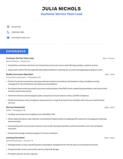 Customer Service Team Lead Resume