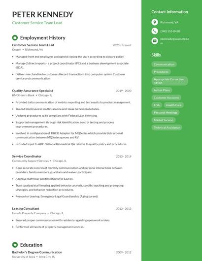 Customer Service Team Lead Resume