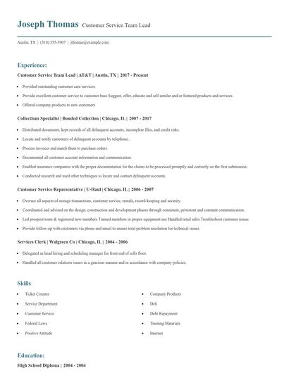 Customer Service Team Lead Resume