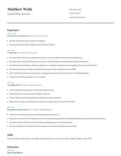 Customer Service Team Lead Resume
