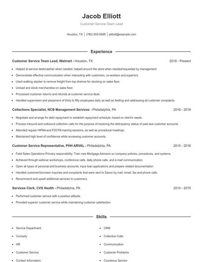 Customer Service Team Lead Resume
