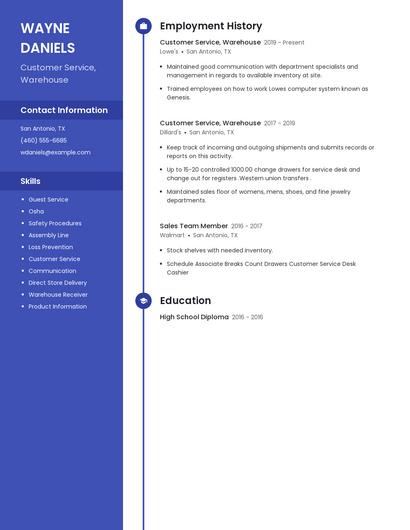 Customer Service, Warehouse Resume