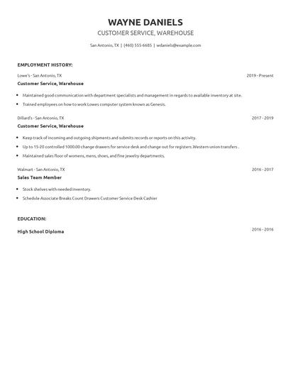 Customer Service, Warehouse Resume