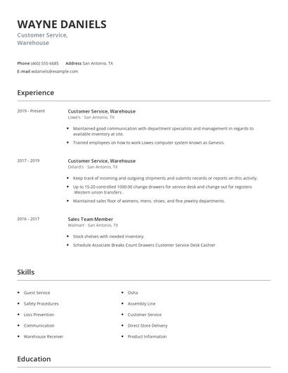 Customer Service, Warehouse Resume