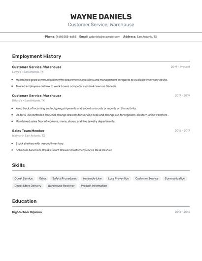 Customer Service, Warehouse Resume