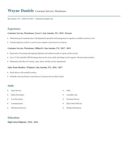 Customer Service, Warehouse Resume