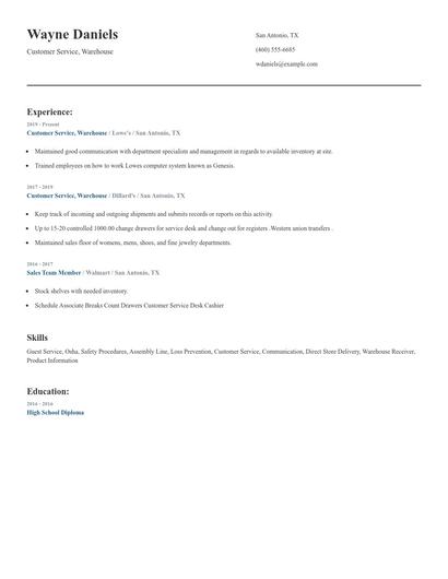 Customer Service, Warehouse Resume