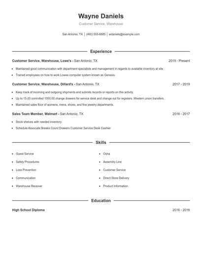 Customer Service, Warehouse Resume