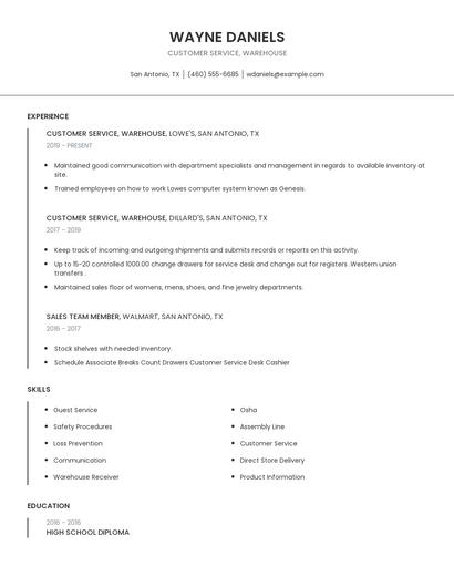 Customer Service, Warehouse Resume