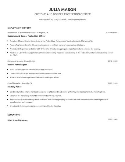 Customs And Border Protection Officer Resume