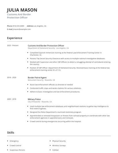 Customs And Border Protection Officer Resume