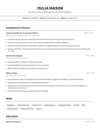 Customs And Border Protection Officer Resume