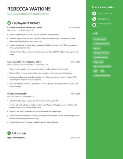 Customs And Border Protection Officer Resume