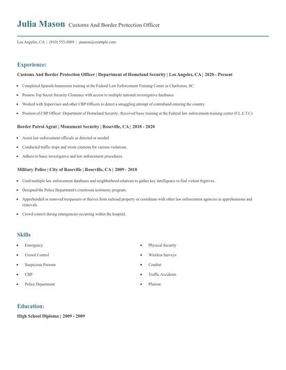 Customs And Border Protection Officer Resume