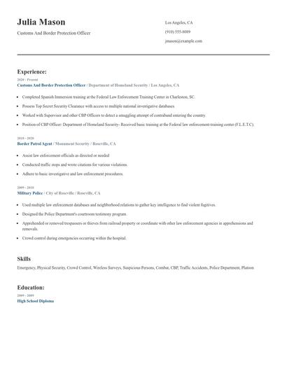 Customs And Border Protection Officer Resume