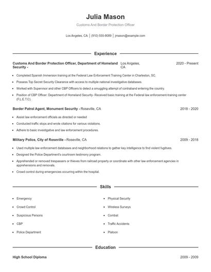 Customs And Border Protection Officer Resume