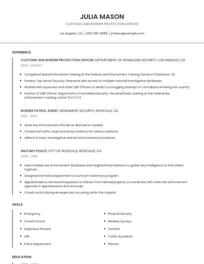 Customs And Border Protection Officer Resume