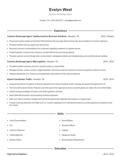 Customs Brokerage Agent Resume