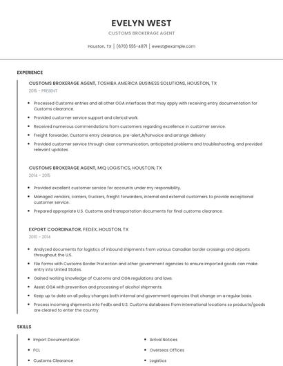 Customs Brokerage Agent Resume